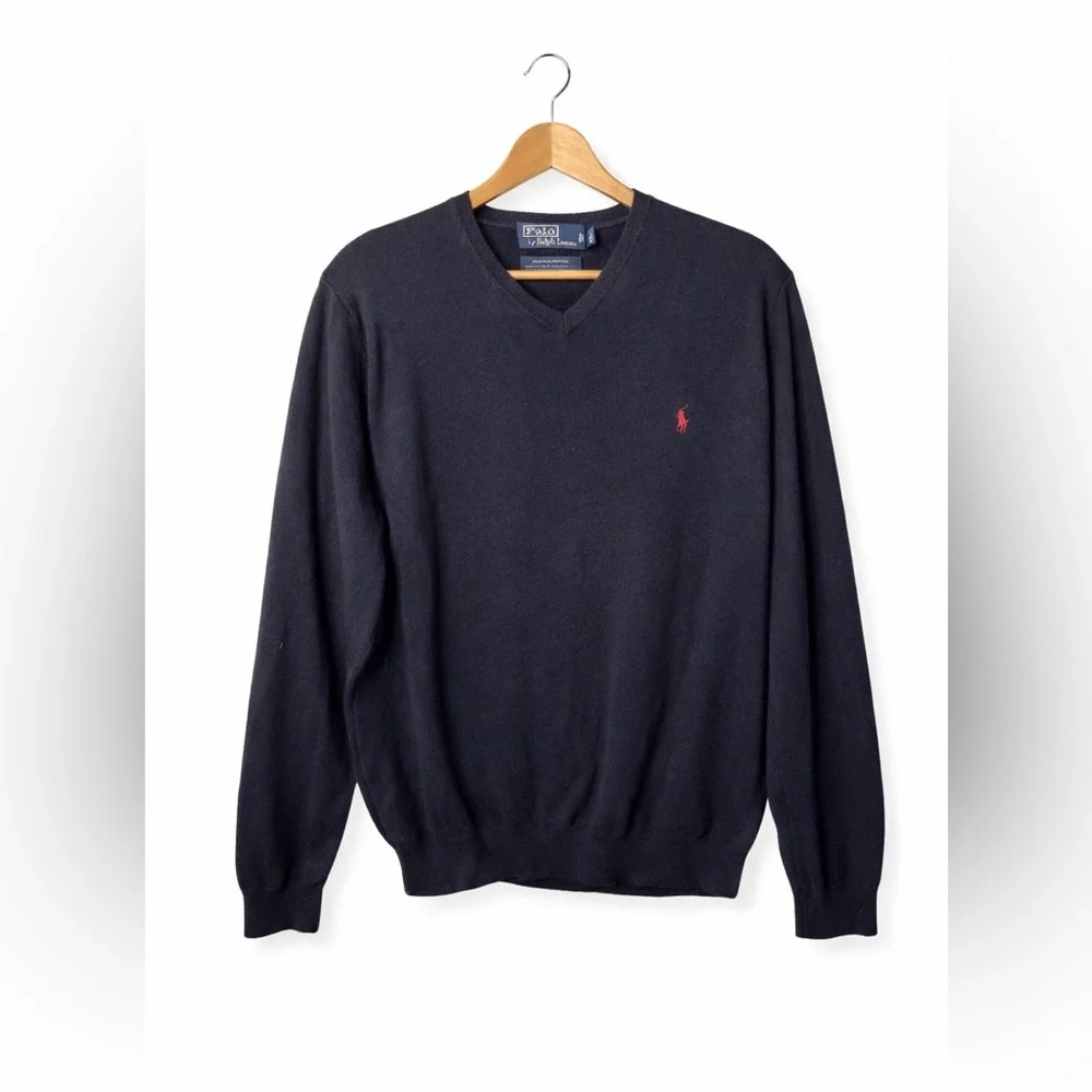 Polo Ralph Lauren V Neck Sweater Men Large Navy Merino Wool Pony Preppy Classic